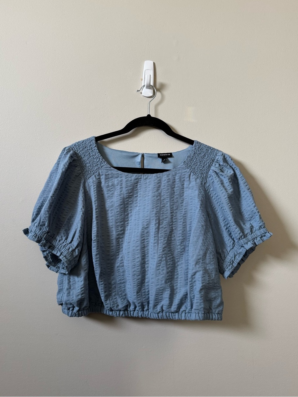 Torrid Seersucker smocked cropped puff sleeve blue top